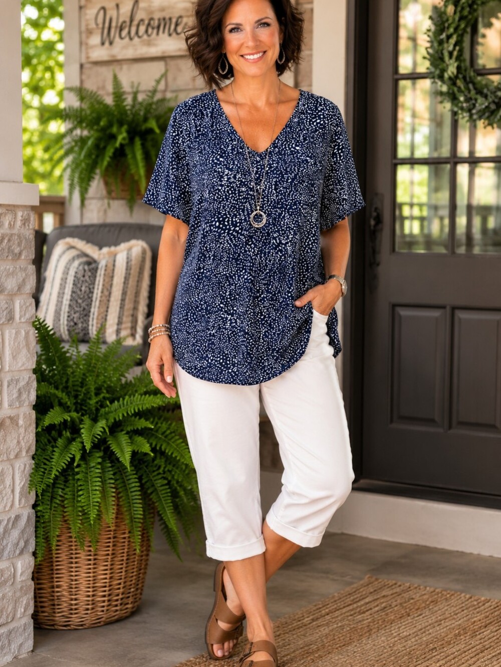 Premise Navy and White V-Neck Short Sleeve Printed Tunic